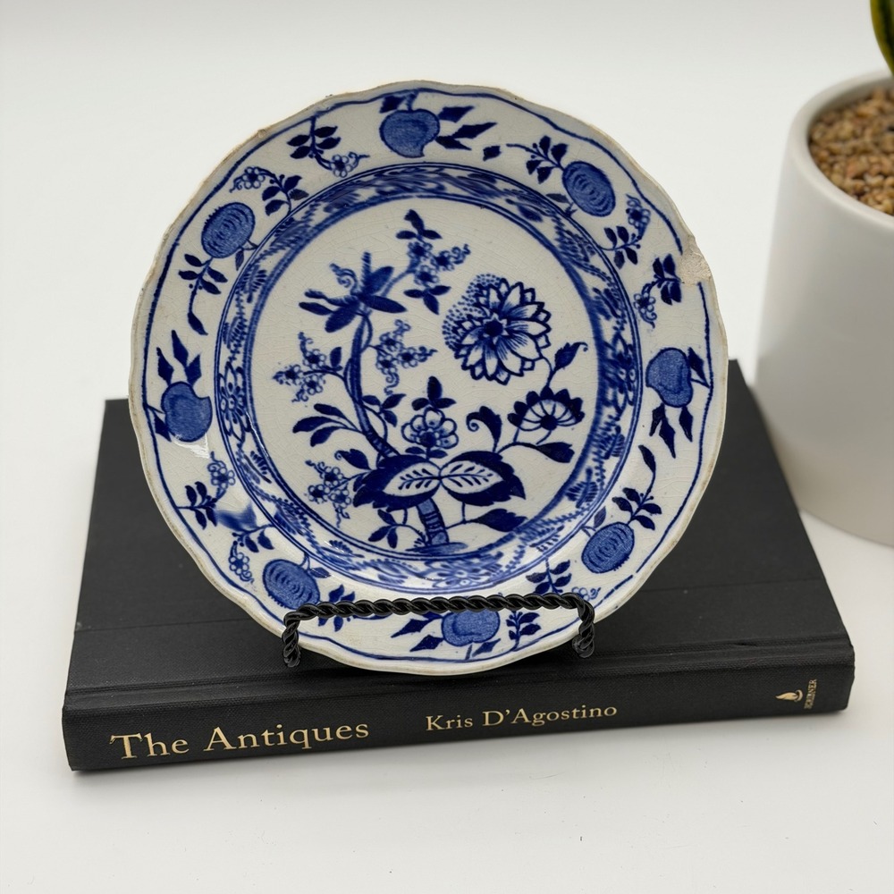 Vintage Blue Meissen Scalloped Floral Plate Fruit Border England Blue Onion